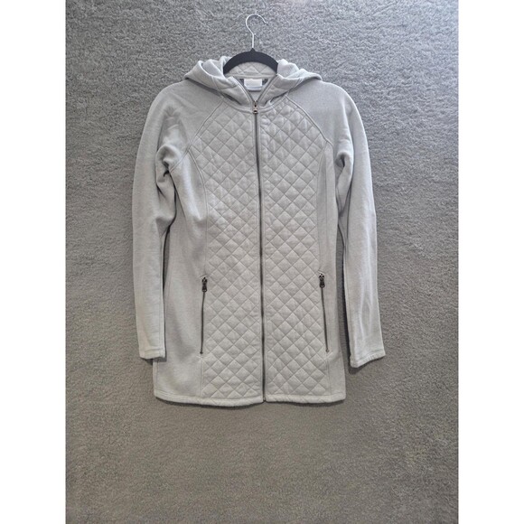 Columbia Hooded Jacket Womens Small Light Gray Quilted Full Zip Longline Fleece - Picture 1 of 10